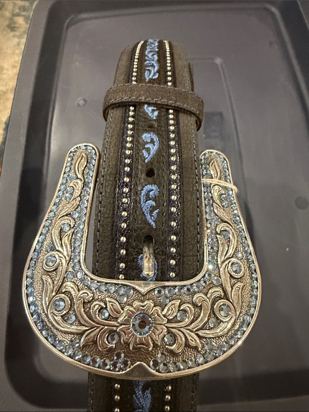 Justin Western Crystal Embellished Black Leather Belt with Decorative Buckle